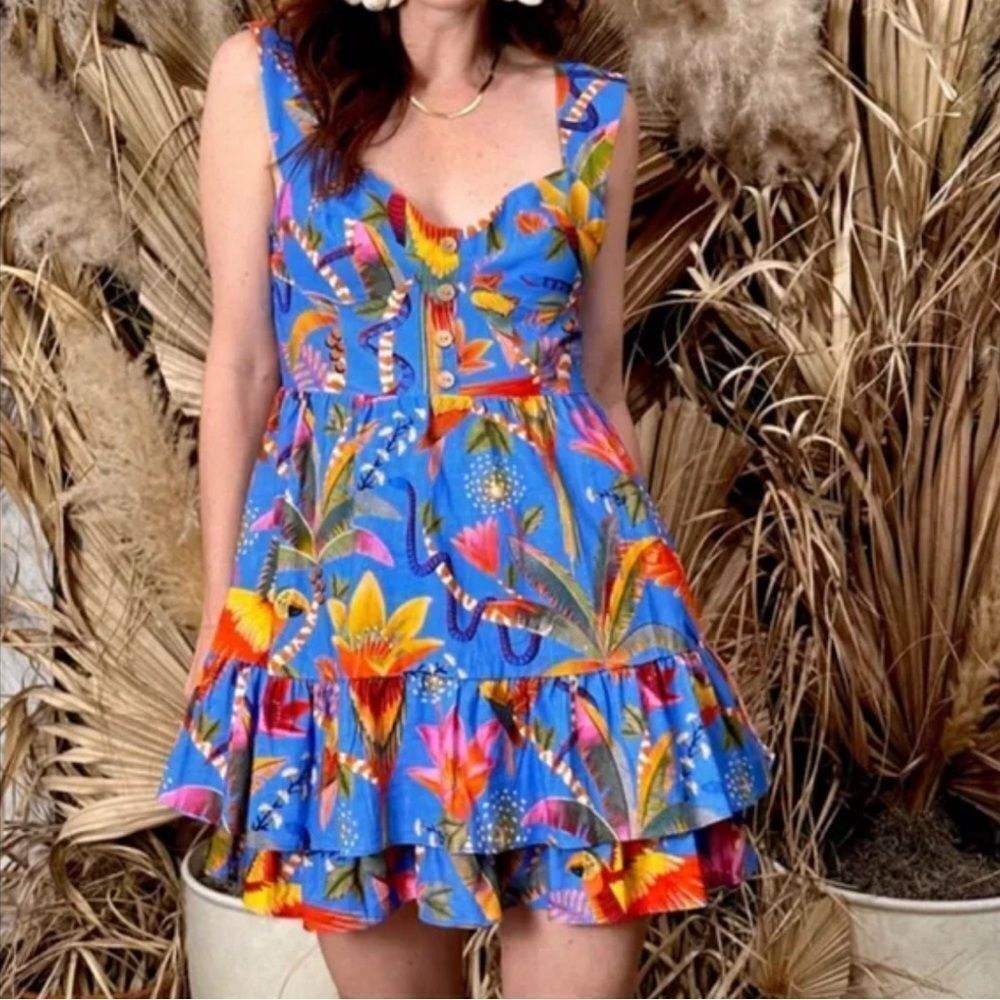 Farm rio blue macaw party mini dress linen blend medium